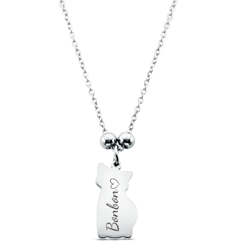 Collier pendentif chat commémoratif personnalisé – Nom gravé