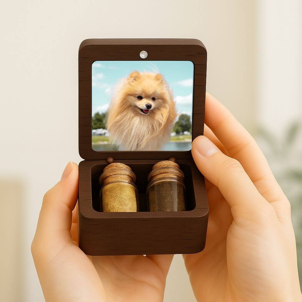 Personalised Wooden Pet Memorial Keepsake Box with 2 Glass Vials for Ashes & Fur Storage - With Photo, Name & Dates