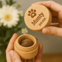 Round Wooden Pet Memorial Keepsake for Ashes or Fur Storage - Engraved with Name, Dates & Paw Print Design