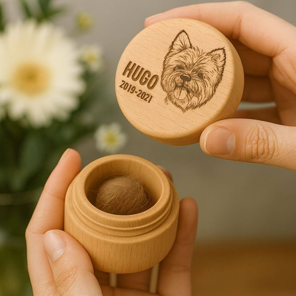 Picture-to-drawing Round Wooden Pet Memorial Keepsake for Ashes or Fur Storage - Engraved with Name & Dates