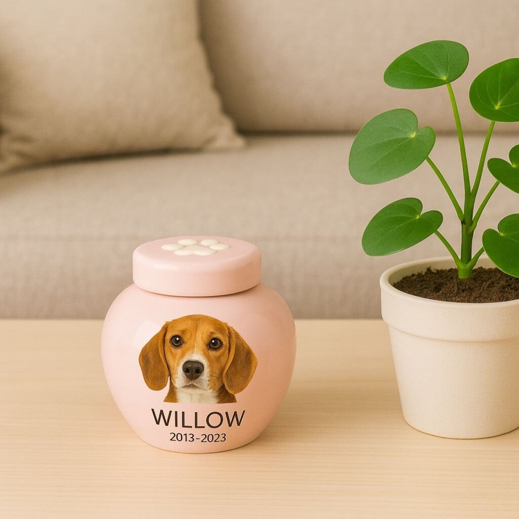 Personalised Ceramic Pet Urn with Photo – Dog Cremation Urn for Ashes with Name & Dates