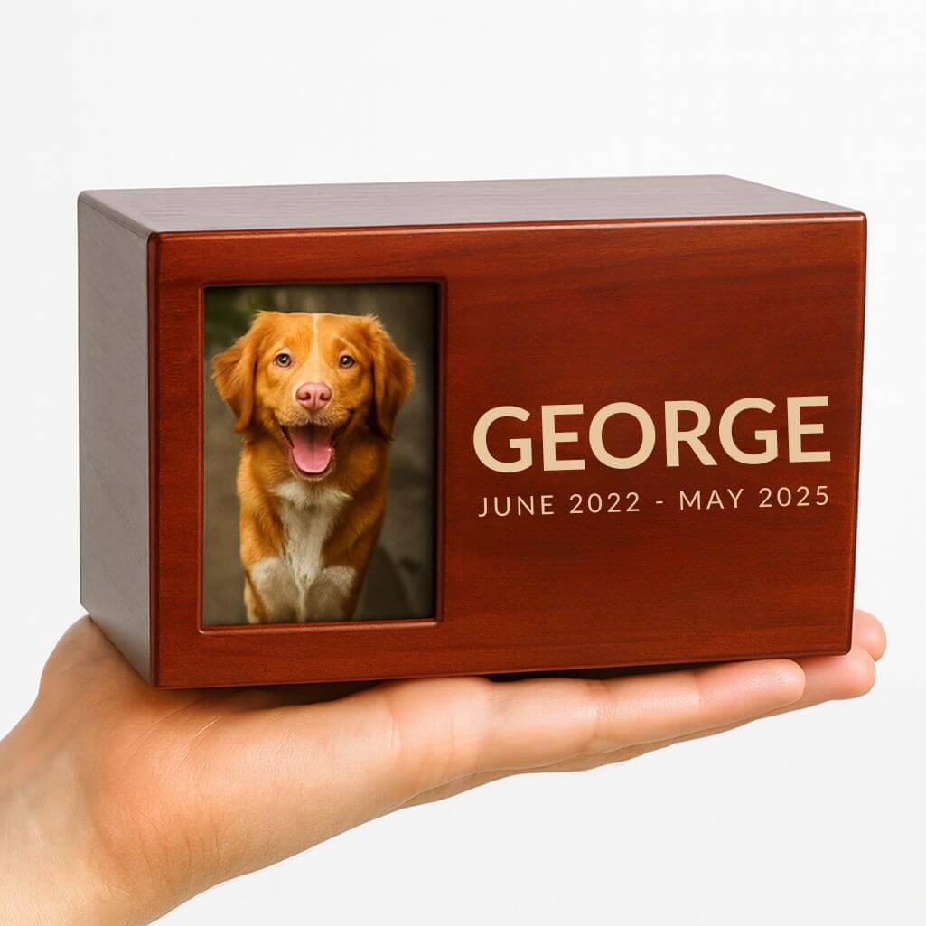 Personalised Wooden Pet Urn Box with Photo – Engraved Dog Urn with Name & Dates