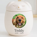 Personalised Ceramic Pet Urn with Sleeping Dog Lid – Cremation Urn for Ashes with Dog's Photo & Details in a Halo Frame