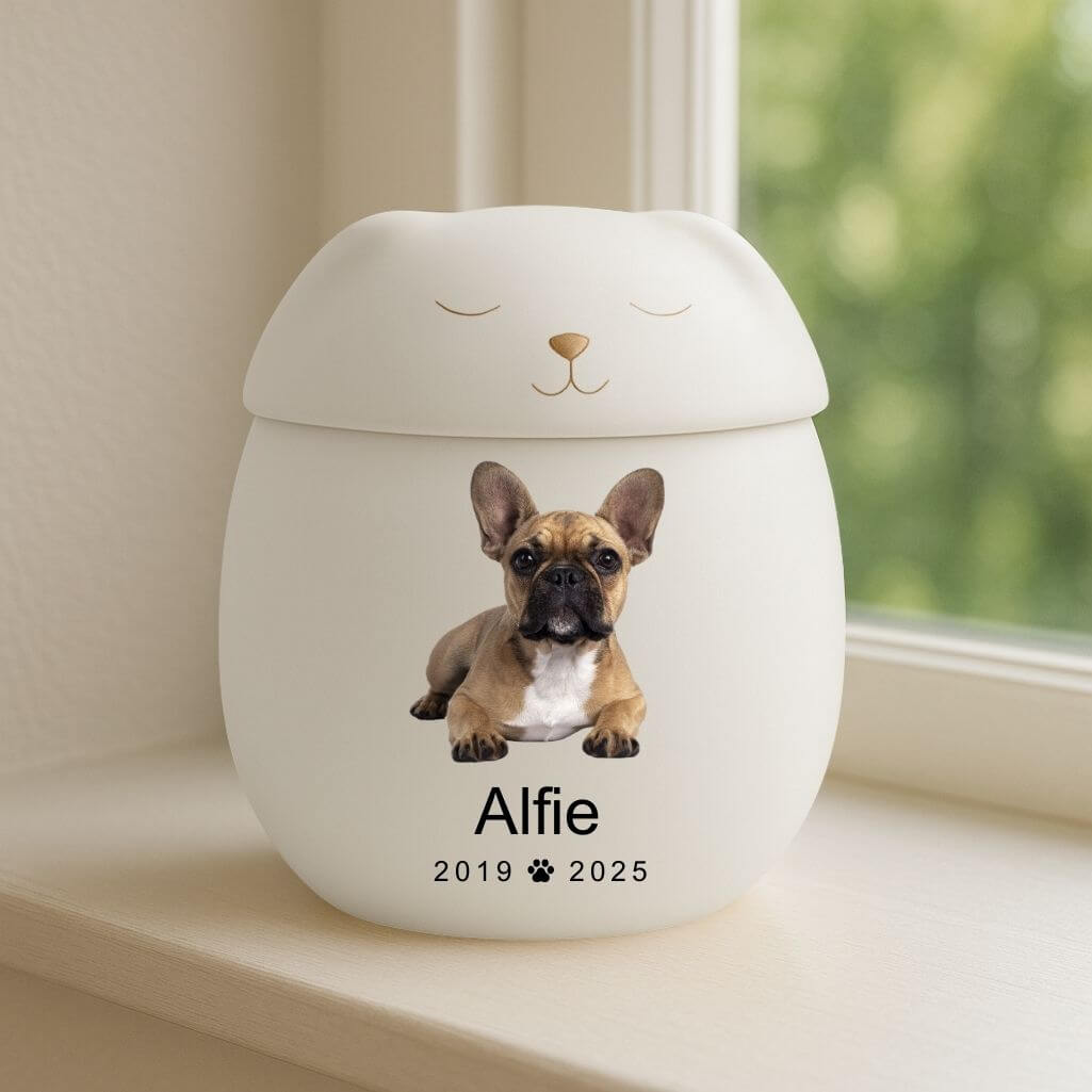 Personalised Ceramic Pet Urn with Sleeping Dog Lid – Cremation Urn for Ashes with Dog's Photo, Name & Dates