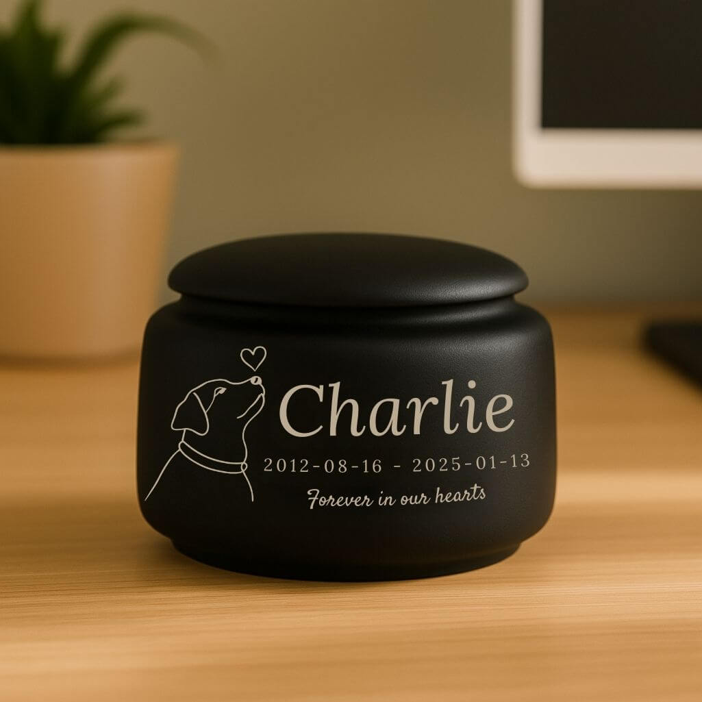 Personalised Ceramic Pet Urn – Dog Cremation Urn for Ashes with Name, Dates, Minimalist Dog Illustration & Tribute