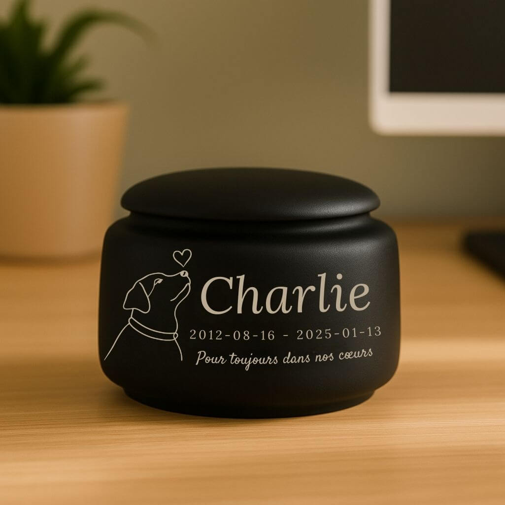 Urne funéraire pour chien personnalisée en céramique – Urne pour chien avec nom, dates, illustration minimaliste & message