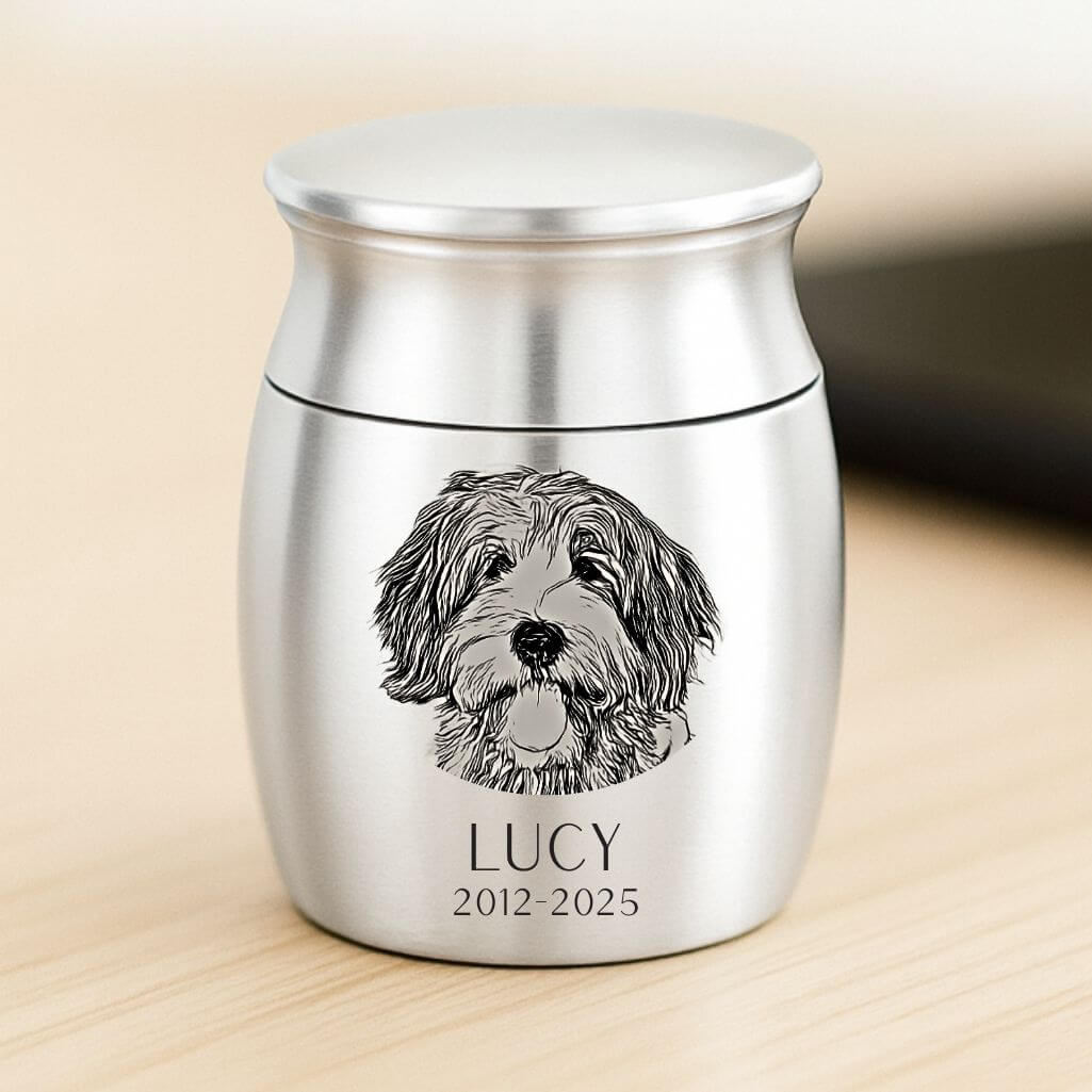 Personalised Pet Keepsake Urn – Mini Dog Urn with Engraved Photo Drawing, Name & Dates