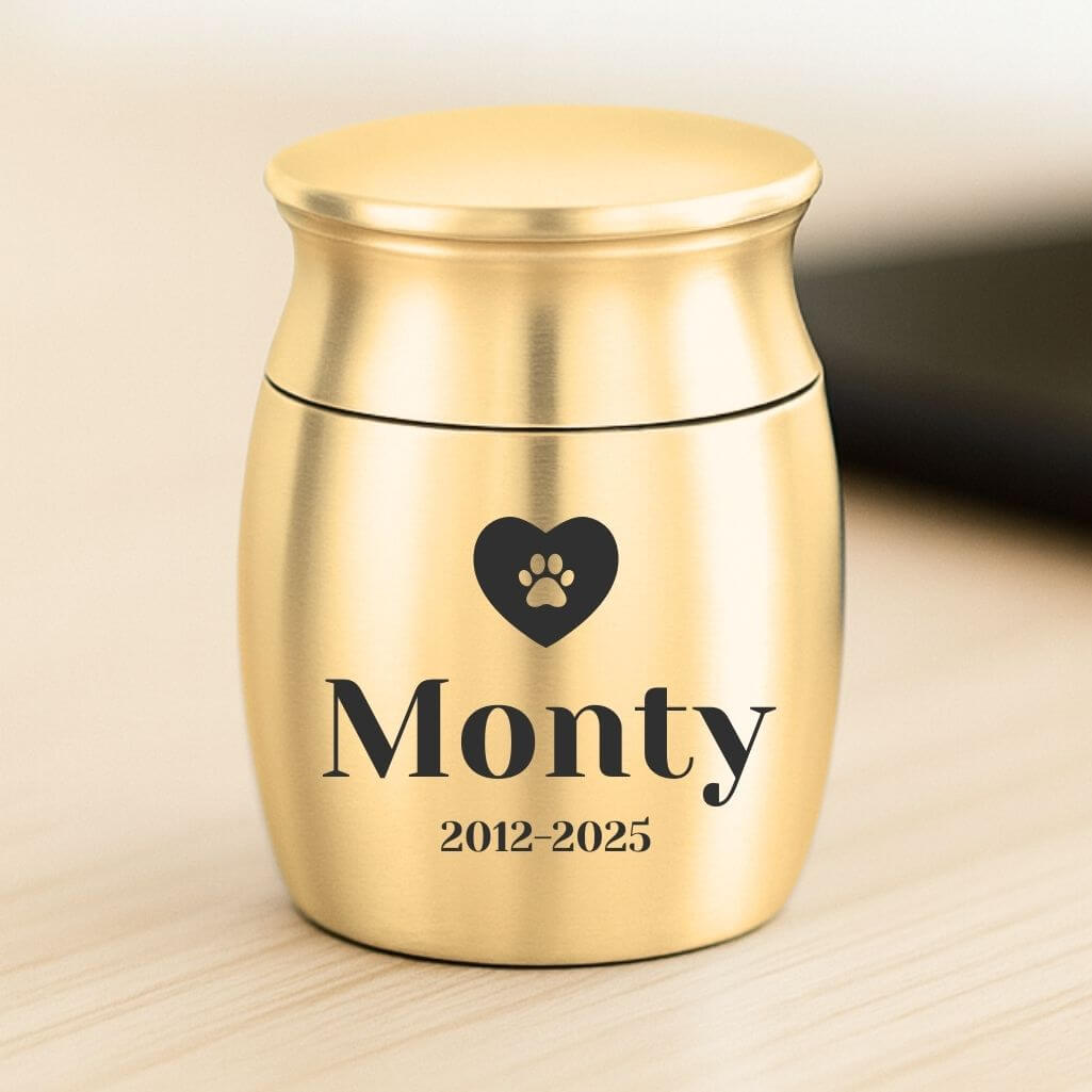 Personalised Pet Keepsake Urn - Mini Dog Urn with Engraved Name, Dates & Paw Heart Design