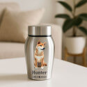 Personalised Pet Urn with Full Dog Portrait, Name & Dates – Stainless Steel Dog Urn