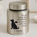 Urne pour chien cylindrique en acier inoxydable personnalisée avec nom, dates, message & motif ange