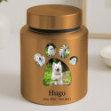 Urne cylindrique pour chien en acier inoxydable personnalisée avec photos dans un cadre en forme de patte, nom & dates