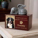 Personalised Wooden Pet Urn Box with Angel Dog Statue –  Cremation Urn for Ashes with Photo, Name, Dates & Tribute