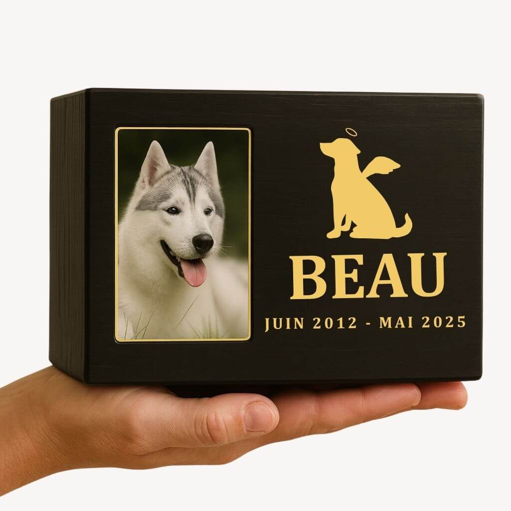 Urne funéraire pour chien en bois noir personnalisée​ avec photo – Coffret souvenir unique avec chien ange, nom & dates
