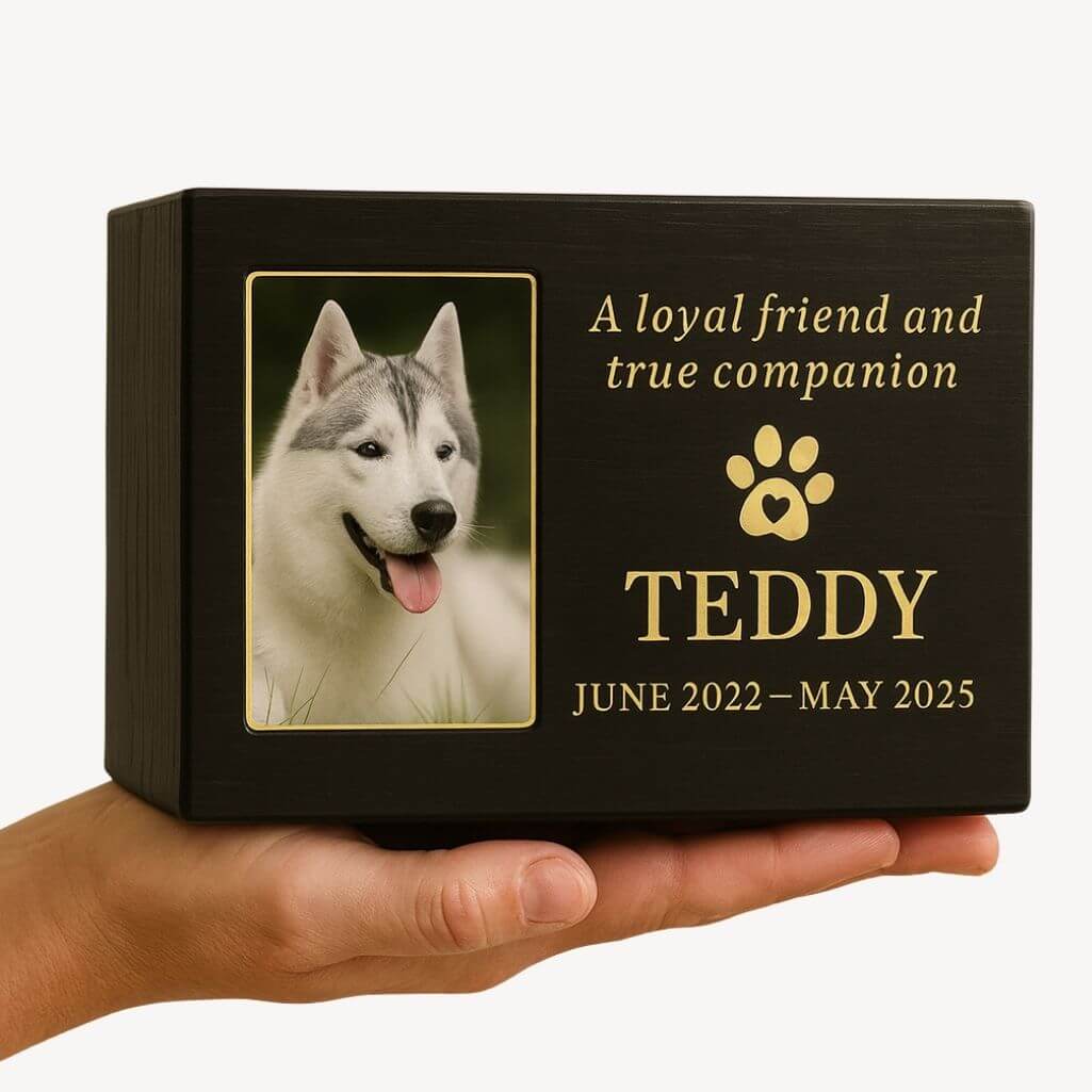Personalised Black Wooden Pet Urn Box with Photo – Dog Urn with Name, Dates & Tribute