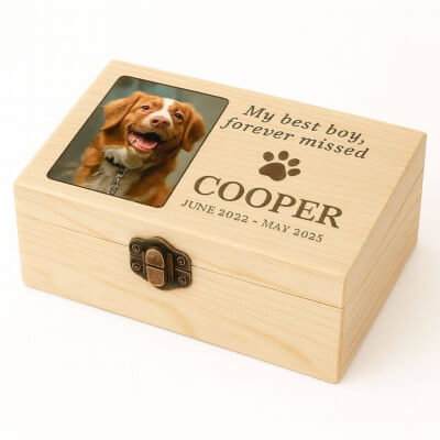 Personalised Light Wood Pet Urn Box with Photo...