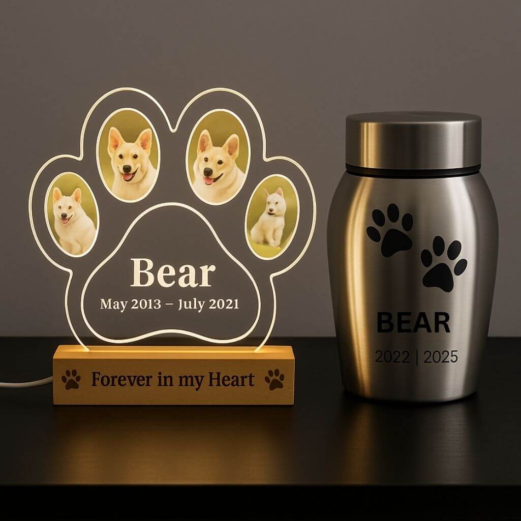 Personalised Pet Memorial LED Lamp with 4 Photos – Paw-shaped Acrylic Plaque with Engraved Name & Dates