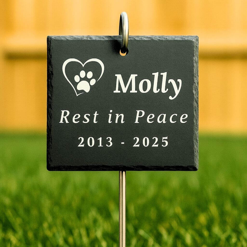 Personalised Square Pet Grave Marker with Metal Hook Stake – Slate Dog Memorial Garden Plaque with Name, Dates & Tribute