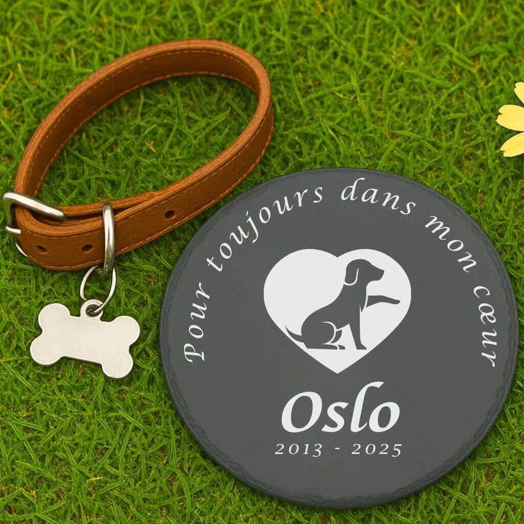Pierre commémorative chien ronde personnalisée – Plaque souvenir en ardoise avec nom, dates & message