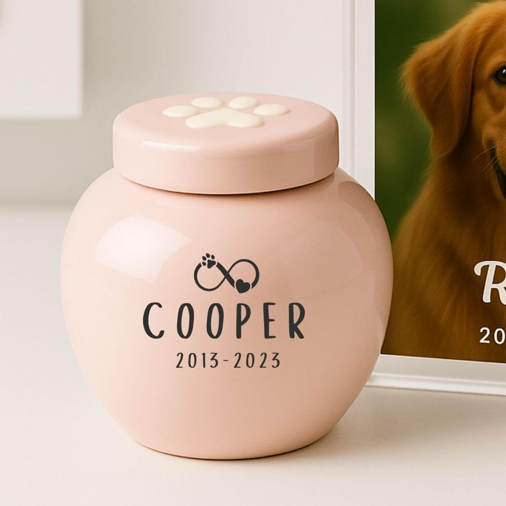 Personalised Ceramic Pet Urn – Dog Cremation Urn for Ashes with Name, Dates & Eternal Love Design