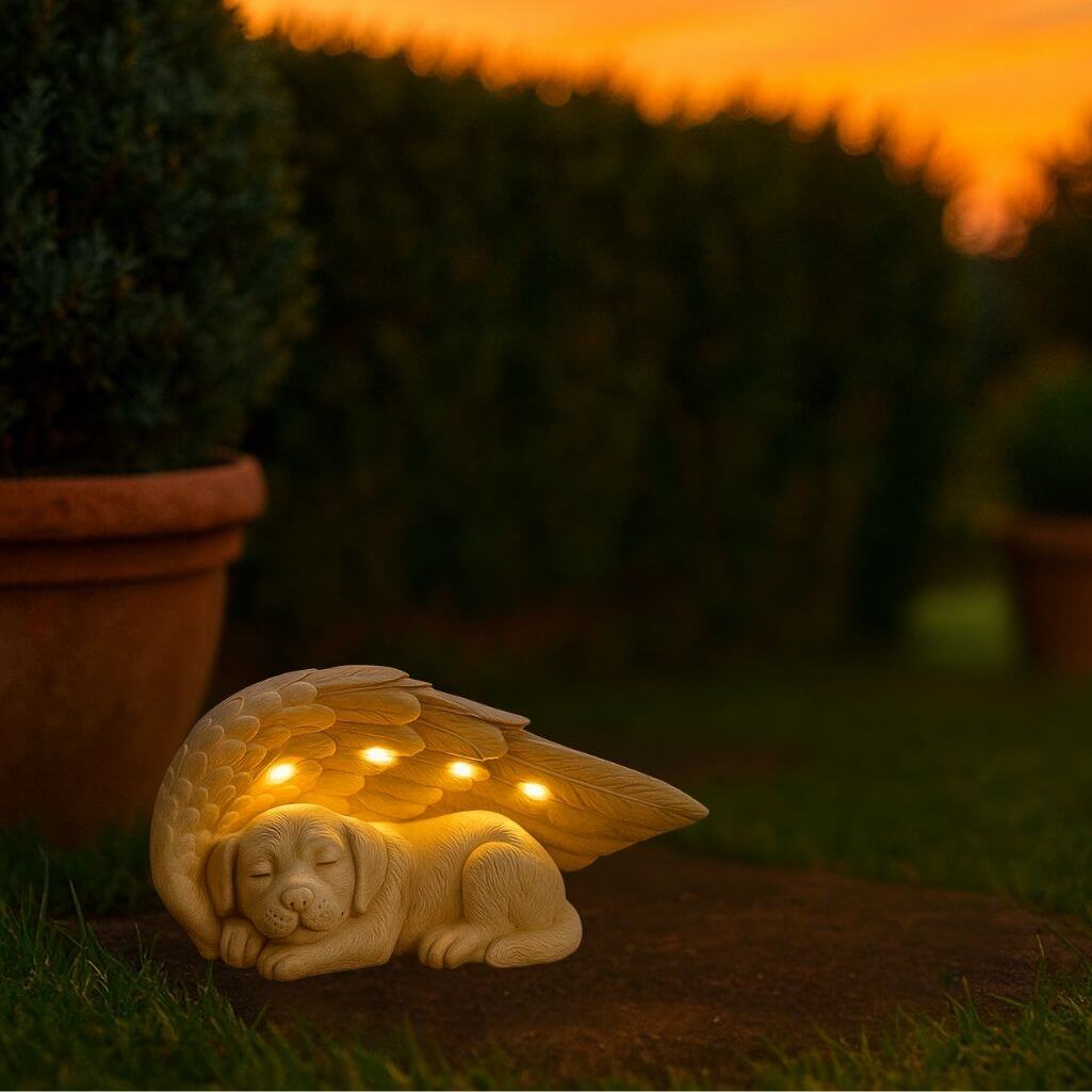 Angel Dog Pet Memorial Stone with Solar LED Light – Weatherproof Resin Grave Marker